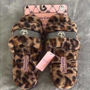 Juicy Couture Furry Leopard Slippers with Rhinestone Accent